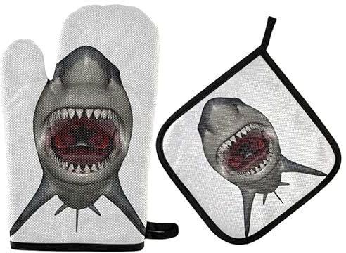 Ofenhandschuhe Scared Shark 3D Unterwasser-Marine Topfhandschuhe Anti-Rutsch Kochhandschuhe Hitzeresistente Grillhandschuhe Für BBQ Kochen Backen