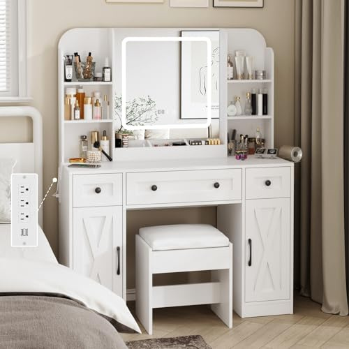 Vabches Makeup Vanity Desk, Vanity Mirror with Lights Desk and Chair,Makeup Table with 3 Large Drawers and 2 Cabinets, Time and Temperature Display, 3 LED Lighting Modes Adjustable, White