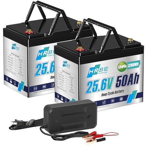 HRBEENERGY 24V 50AH LiFePO4 Batería 2Pack,BMS de incorporado y celdas de grado A, batería recargable de fosfato de hierro y litio de 24V,4000-15000 ciclos profundos para solares, motores de arrastre