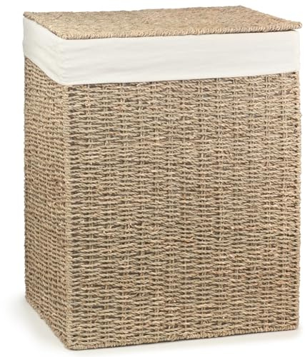 Woodluv Laundry Basket with Lid Large, Seagrass Laundry Hamper Bin Storage Organiser, Washing Basket for Dirty Clothes Bathroom, Natural, 45 x 35 x 56 (H) cm