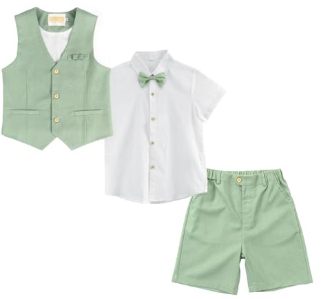 LOLANTA 4 pièces Costume Garcon Mariage Ete, Tenue Enfant Garcon Ceremonie, Vêtement Baptême Anniversaire Garçon Page, Ensemble Costume Short Lin Gile Chemise avec nœud Papillon, Vert, 5-6 Ans, 120