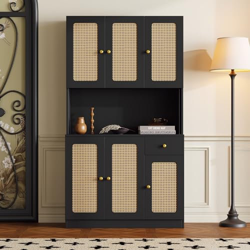 Elegantes Rattan-Highboard - 100*24*180 cm - mit 6 Rattantüren und einer schwarzen Schublade mit offenem Stauraum in der Mitte, Wohnzimmer-Sideboard, Eingangsschrank, Esszimmer-Highboard (Schwarz)