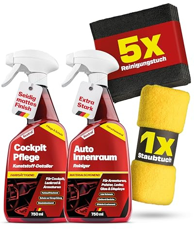 KESTRAL® Auto Innenraumreiniger & Cockpitpflege Set mit 5X Mikrofasertüchern & 1x Staubtuch - entfernt effektiv Schmutz - farbsättigende Pflege im MATT-Effekt - für Autoinnenraum - Made in Germany