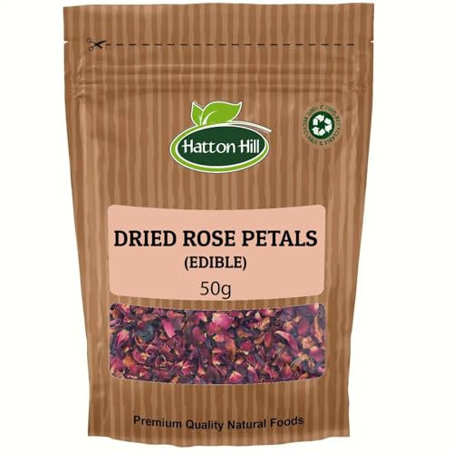 Dried Edible Rose Petals 50g by Hatton Hill | Pure, Red, Herbal Tea, Raw, DIY Body Care, Special Bath, Wedding Decoration and Potpourri, Perfect for Snack.
