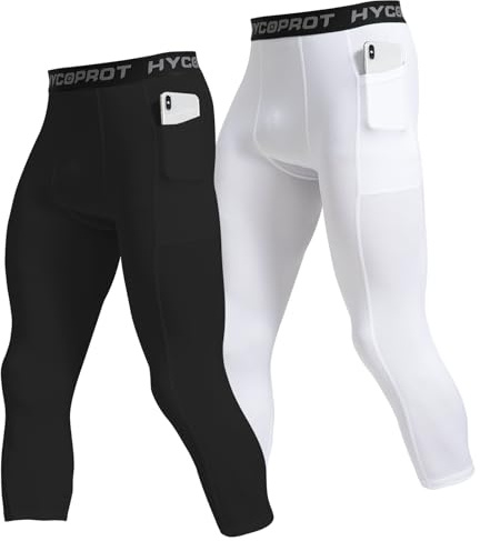 HYCOPROT Herr 3/4 kompressionsbyxor med fickor löpning träning atletiska tights capri leggings baslager basket gym, Svart+vitt, S