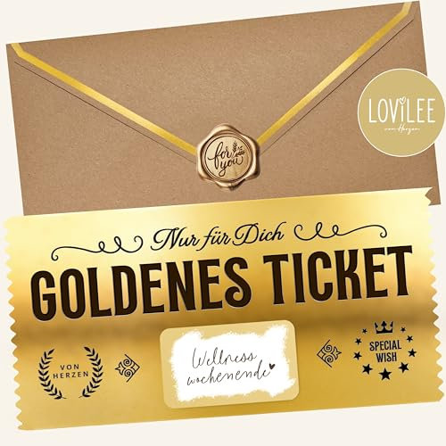 LOViLEE Goldenes Ticket Premium mit Umschlag & Wachssiegel - Rubbelkarte, Geschenke für Frauen, Geschenk für Freundin, Geburtstagskarte, Kinogutschein, Geburtstagsgeschenk, Reisegutschein, Rubbelkarte