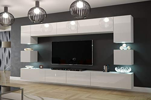 Com4t-Style White Gloss AN 17 XL TV Unit 302x187x35 cm Living Room Sets Push to Open Entertainment Media Wall Cabinets TV Bench Hifi Stand Led Lighting