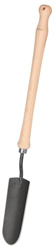 IDEAL-Handschaufel schmal | geschmiedetes, spezialgehärtetes Stahlblatt mit scharf angeschliffener Schneide, handgefertigt in Deutschland, Buchenholzstiel 40 cm mit Aufhängebohrung,