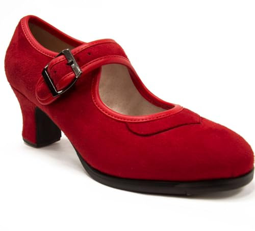 El Rocio desde 1980 Zapatos de Flamenco en Ante, con Hebilla, Doble Suela y Clavos (Rojo, Sistema Tallas Calzado EU, Adulto, Mujer, Números, Mediano, 36)