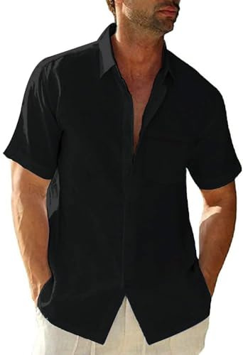 Glacspyg Leinenhemd Herren Kurzarmhemd Arbeit Freizeithemd Fitted Business Casual Urlaub Sommer Strand mit Tasche Schwarz XL
