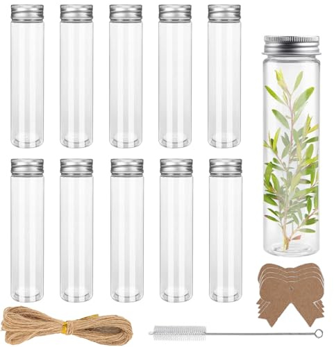 Ksnowqi 12Pcs Tubes à Essai en Plastique, 110ml Bouteille Sensorielle Bouchon, Eprouvette Plastique avec Étiquette et Brosse de Nettoyage pour Les Mariages, Liquide, Épices, Fleurs et Bonbons
