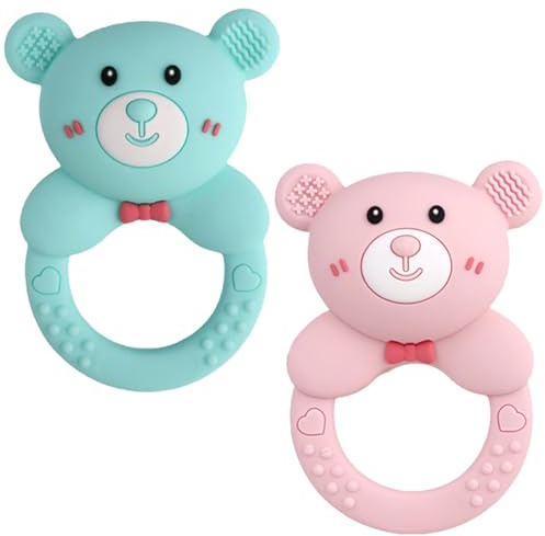 Baby Bear Teething Ring Rattle, Soft Silicone Teether Toy, Green+ Pink
