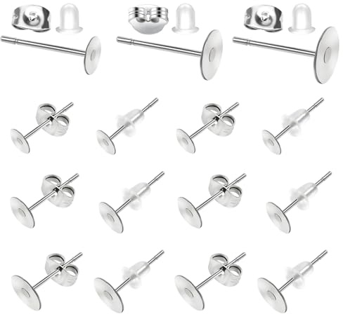 TOAOB 500 Piezas Postes de Pendientes Plateado de 4 a 8 mm con Tuercas | Almohadilla Plana, Cierres Pendientes de Mariposa, Acero Inoxidable, Plásticos, para Hacer Pendientes, Joyas Creativas