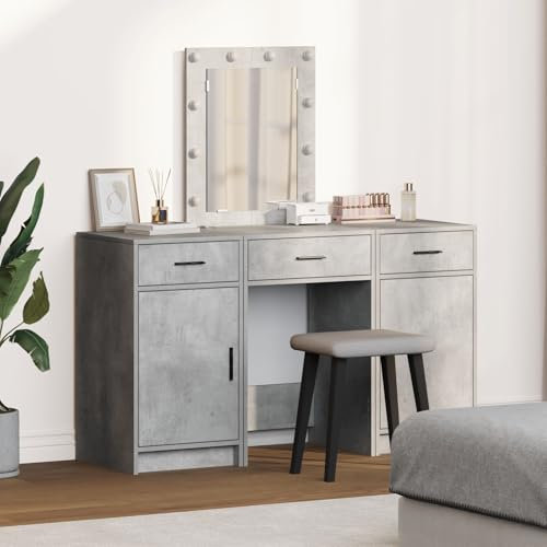 Gecheer 3-teiliges Schminktisch-Set mit LED in Beton-Grau, aus Engineered Wood, Frisiertisch für Schlafzimmer, Schminkkommode Frisierkommode,