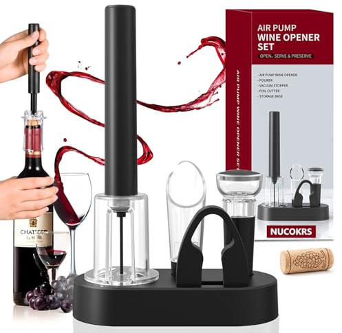 5 Pcs Air Pump Wine Opener Set with Foil Cutter, Wine Pourer, Vacuum Stopper and Storage Base NUCOKRS Corkscrew Great Gift for Wine Lovers
