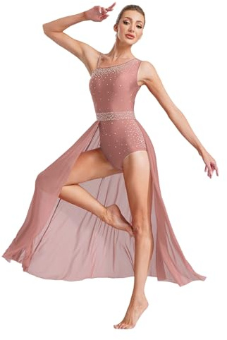 Xnihocha Costume De Ballet pour Femmes Tenue De Gymnastique Justaucorps Robe Ballet avec Jupe Asymétrique Tenue Danse Gymnastique Vêtements Danse Rose poudré M