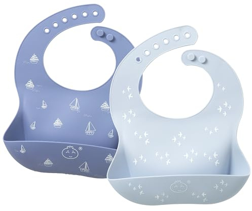 Little Dimsum Bavoir Silicone Bébé 2-Pack Imperméable,Réglables avec Grande Poche Attrape-Miettes pour Enfants 6-36 Mois, Garçons et Filles(Voilier&mouette)