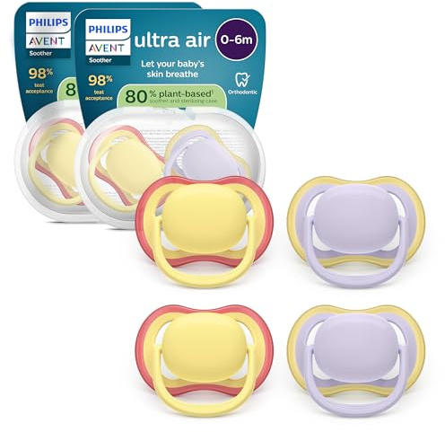 Philips Avent ultra air Schnuller – kiefergerecht geformtes Design, für Babys, 0–6 Monate, weicher, symmetrischer Silikonsauger, BPA-frei, 2 Sterilisationsbehälter, 4er-Pack, SCF087/20