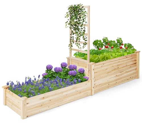 COSTWAY Hochbeet mit Rankgitter, Blumenkasten mit Spalier, Pflanzkasten aus Tannenholz, Gartenspalier mit Rankkasten, Blumenkübel für Kletterpflanze Balkon Garten Terrasse, Natur, 223x64x134 cm