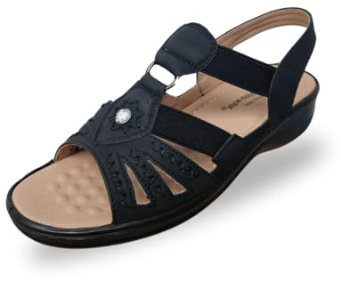 Cushion Walk Ladies Faux Leather Open Toe T Bar Sling Back Lightweight Elastic Strappy Gladiator Summer Sandals (Black/Black, UK Footwear Size System, Adult, Women, Numeric, Medium, 6)