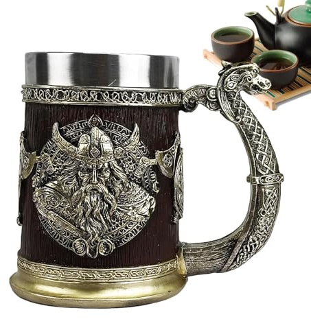Vikingg - Boccale da birra in acciaio da 600 ml, stile antico da uomo, da caffè nordico nordico per whisky, stein, guerriero medievale per decorazione nordica o tavolo da festa