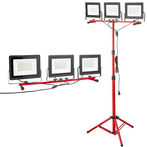 VEVOR Luz de Trabajo LED con Soporte, 21 000 Lúmenes, Luz de 3 Cabezales con Interruptor Individual, Trípode y Cable de Alimentación de 3,3 m para Obras de Construcción, Resistente al Agua IP65