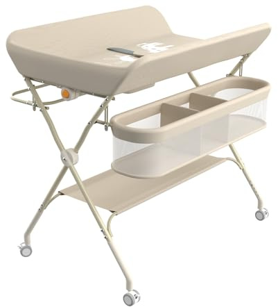 Table à Langer Mobile pour Bébé, Pliable avec Hauteur Réglable sur 5 Niveaux Poubelle Panier de Rangement Etagère Roues Verrouillables, pour Chambre de Bébé,75 * 68 * 83-91cm (A) Blanc crème