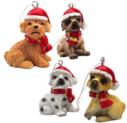 Logbuch-Verlag Set 4 Hunde mit Weihnachtsmütze 5 cm – Weihnachtsdeko zum Aufhängen, Christbaumschmuck Hund Figur Sortiert aus Polyresin