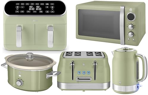 Swan Retro Revive Green 1.7L Jug Kettle, 4 Slice Toaster, Retro 800W 20L Microwave, 8L Dual Basket Air Fryer and 3.5L Slow Cooker. Matching Retro Design Kitchen Set in Green with Chrome Accents