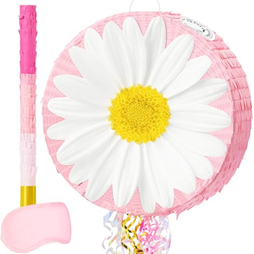 WERNNSAI Daisy Pinata – Blumen Pinata Kindergeburtstage Partyspiel Rosa Gänseblümchen Piñata mit Stöcken Augenbinde Gänseblümchen Piñata