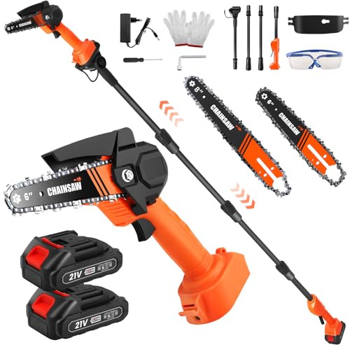 Elagueuse sur Perche Electrique, 2-en-1 Tronçonneuse avec Perche Télescopique (0,3 m-2,3 m), Mini Tronçonneuse 6 & 8 Pouces, Moteur Sans Balai, 2 2000 mAh Batteries, Tête Pivotante à 90° pour Jardin