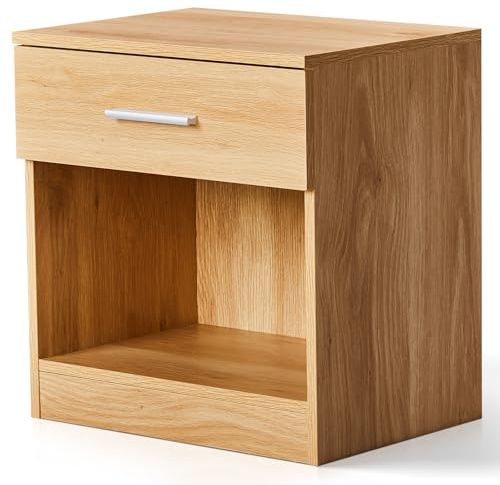 Bonnlo Nachttisch Eiche mit Schublade, Nachtkommode aus E1 Spanplatte in Eichefarben, Nachtschrank mit Ablagefach, 39x28x41cm (1, Eiche)