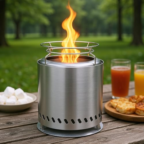 SMOOL 22cm Rauchfreier Tischfeuerkorb aus Edelstahl, Tragbarer Camping Feuerkorb für Outdoor & Terrasse, Inkl. Tragetasche, 2 Stöcken und Feuerfestmatte, Für Pellets & Holz (8.6 Zoll)