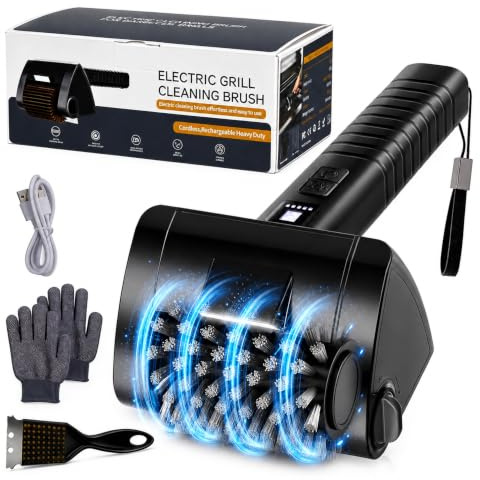 Elektrische Grillbürste Kabellos 4000mAh Akku 304 Edelstahl für Grillrost | Reinigungsbürste mit 2-Stufen Reinigung, 90 Min Laufzeit, LED-Licht, Wasserdicht und BBQ-Grillbürste für Männer