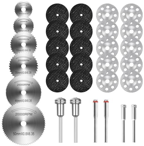 34PCS Cutting Discs for Dremel Rotary Tool, HSS Circular Saw Blades | Diamond Cutting Wheels Resin Cut Off Discs with 6 Mandrels for Metal Wood Plastic Glass Stone DIY