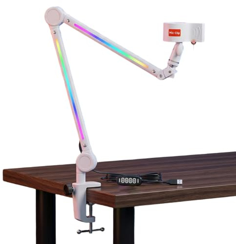 Annadue Mikrofonarm, Verstellbarer Mikrofonarm, Drehbarer Mikrofonständer, Schwenkbarer Mikrofonständer, RGB-Galgenarm, 22 Farbmodi, 180 Grad, 360 Grad, Tischklemme, 3 8 Bis 5 8 A