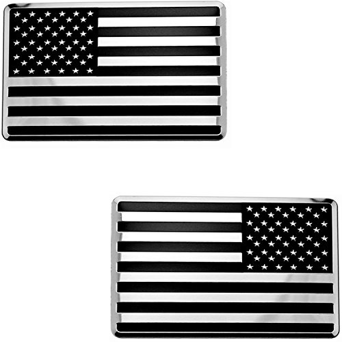 LFPartS USA Embossed Stainless Steel Metal Flag for Cars Trucks (3.12 x 2, Black & Chrome Set Left & Right)