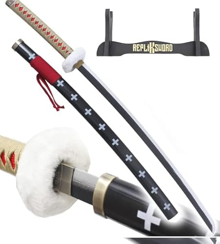 REPLIKSWORD One Piece Katana en Bois Lame Decoration Sabre Trafalgar Law Replique Epee Cosplay Deguisement + Presentoir Inclus