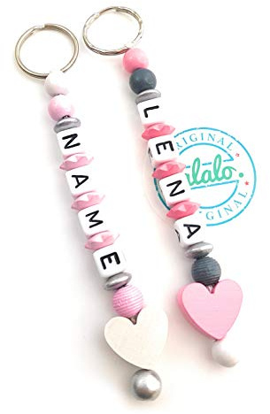 LALALO Schlüsselanhänger Herz Rosa/Weiß, Schlüsselanhänger mit Namen, personalisiert mit Prägung, Namensanhänger Wunschname, Geschenk zur Geburt, Taufe, Geburtstag, Weihnachten, Führerschein