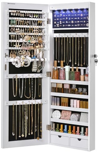 SONGMICS Armadietto Portagioielli da Parete con Specchio Senza Cornice, Organizzatore per Gioielli con 6 Luci a LED da Porta o Muro, Grande CapacitÀ con 2 Cassetti, Bianco JJC99WT