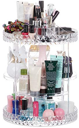 Relaxdays Kosmetik Organizer drehbar, Acryl, viele Fächer, verstellbarer Make Up Organizer, HBT 35x28x28 cm, transparent