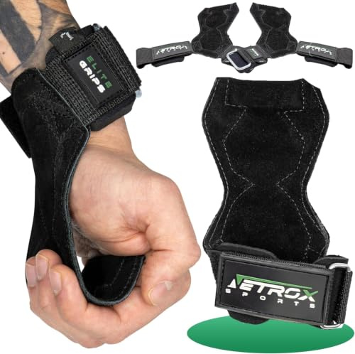NetroxSports - Elite Grips Fast Zughilfen für Krafttraining - echtes Leder - Fitness Lifting Straps für Kreuzheben, Bodybuilding mit Handgelenkschutz - Grip Zughilfe, Zughilfen Gym für Männer & Frauen