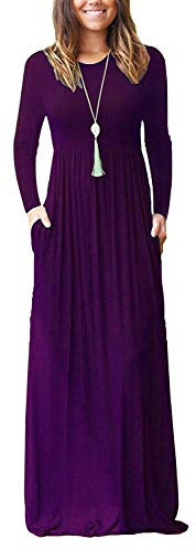 AUSELILY Abito Casual a Maniche Lunghe da Donna Maxi Gonna con Tasca e Lunghezza del Pavimento Viola XL