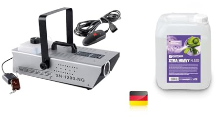 Showlite SN-1200 Nebelmaschine (1200W, 500m³ Nebelausstoß/min, 7 Min. Aufwärmzeit) inkl. Funk Fernbedienung & Cameo Nebelfluid mit sehr hoher Dichte und sehr langer Standzeit