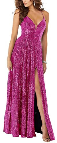 N/ C SAYNO - Vestido largo de dama de honor con lentejuelas y cuello en V profundo con tiras de espagueti con abertura alta, vestido de fiesta de noche, fucsia, 42