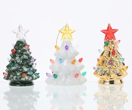 B SEPOR Set of 3 Mini 4.5 Inch Nostalgic LED Ceramic Christmas Tree with Lights Xmas Tree That Light Up Hanging Ornaments White Golden Green Assorted for Holiday Decoration and Gifts