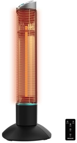 Cecotec Riscaldatore elettrico da esterno della torre ReadyWarm 1000 Power Tower. 1000 W in 2 livelli, tecnologia alogena, oscillazione, protezione IP55, timer e telecomando