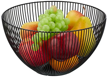 Relaxdays Obstschale Metall, runder Obstkorb, H x D: 14 x 25 cm, moderner Drahtkorb für Früchte & Gemüse, schwarz