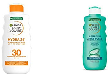 Garnier Ambre Solaire Sonnenpflege Duo: Feuchtigkeitsspendende Sonnenmilch LSF 30 (200ml) & kühlende After Sun Lotion (400ml) - Mit Aloe Vera & Shea Butter