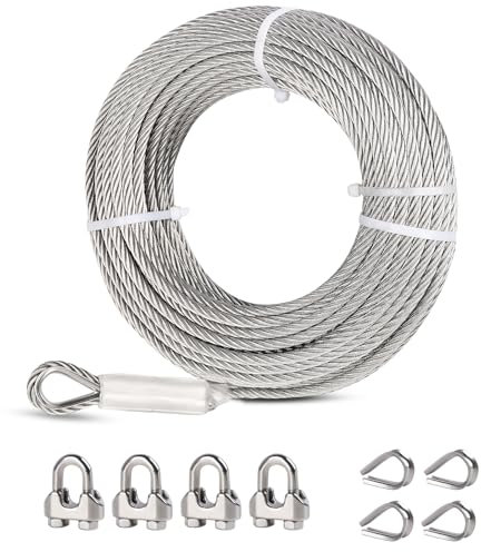 hannger Cavo Acciaio 6mm, Cavo in Acciaio Inox, 7,6 m, 7x19 Fune Metallica, Corda in Acciaio con Occhielli per Zipline,Tiranti, Trazione, Giardinaggio